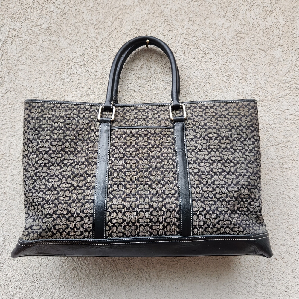 Coach Handbag Black Leather Signature Tote Pockets Zipper Office Work Purse